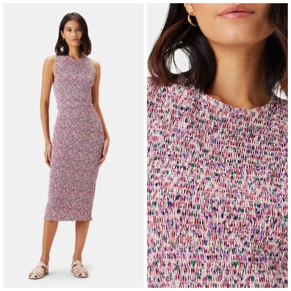 Amour Vert Isabella Smocked Alessia Mulberry Printed Midi Dress Bodycon Large